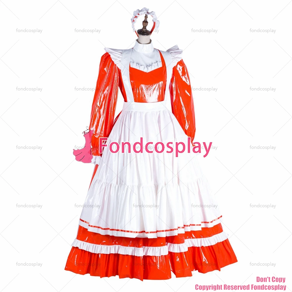 fondcosplay adult sexy cross dressing sissy maid long lockable Orange thin PVC vinyl dress white apron CD/TV[G1804]