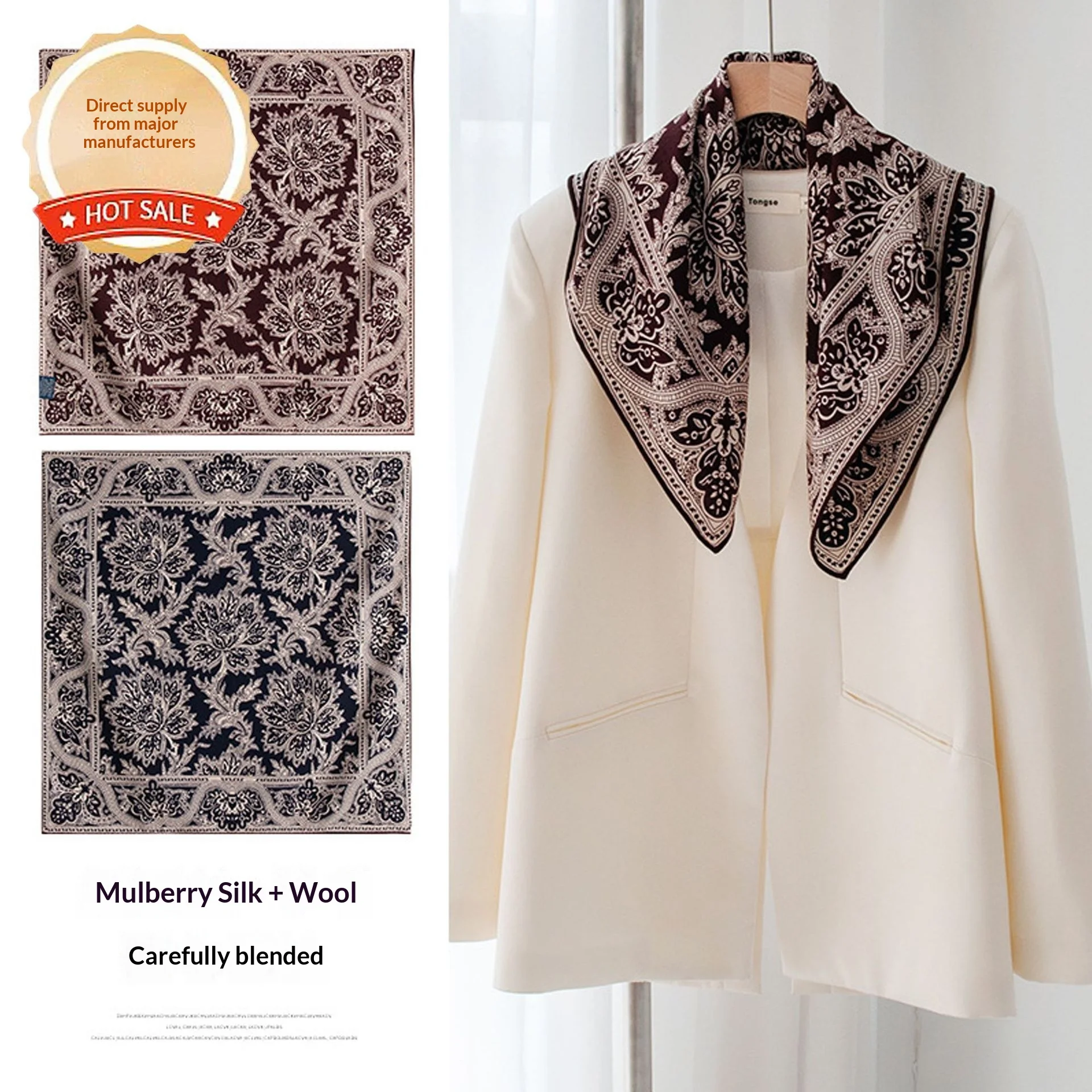 Double-sided different colored cashew nut flower print, 65 wool silk small square scarf, light luxury and high-end