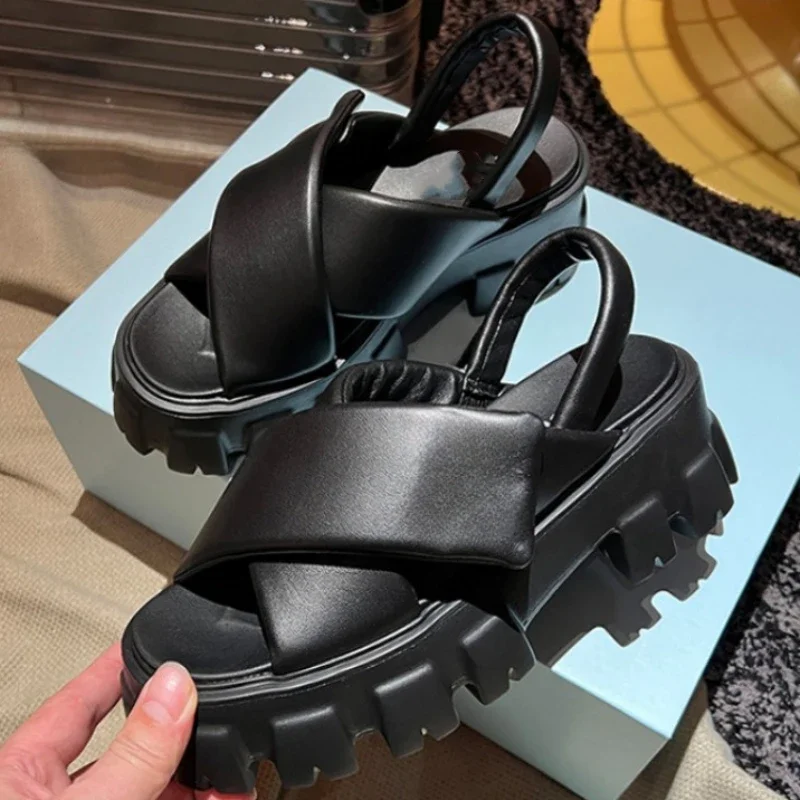 Сандалии женские с открытым носком, Уличная обувь на высоком каблуке, с ремешком сзади, тапочки на толстой подошве, весна-лето 2024