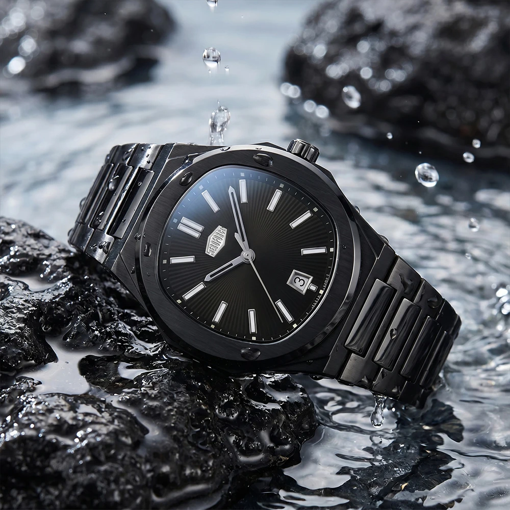 HEROFORCE Black Irregular Case Quartz Watch, Watches for Men High Quality, Watches for Men, Mens Watches, Sunburst Radiant Dial, Stainless Steel Band with Date, Reloj Para Hombre, Ideal Gift to Father/Boyfriend/Husband