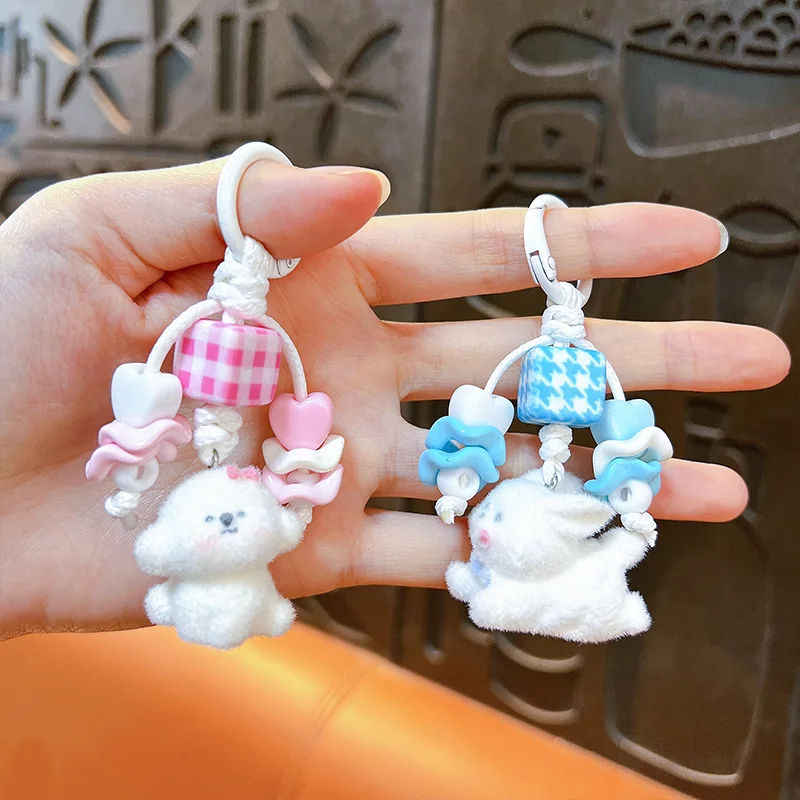 Flocking Cartoon White Dog Keychain Cute Animal Puppy Doll Pendant Keyring Girl Bag Phone Chain Decoration Key Chains