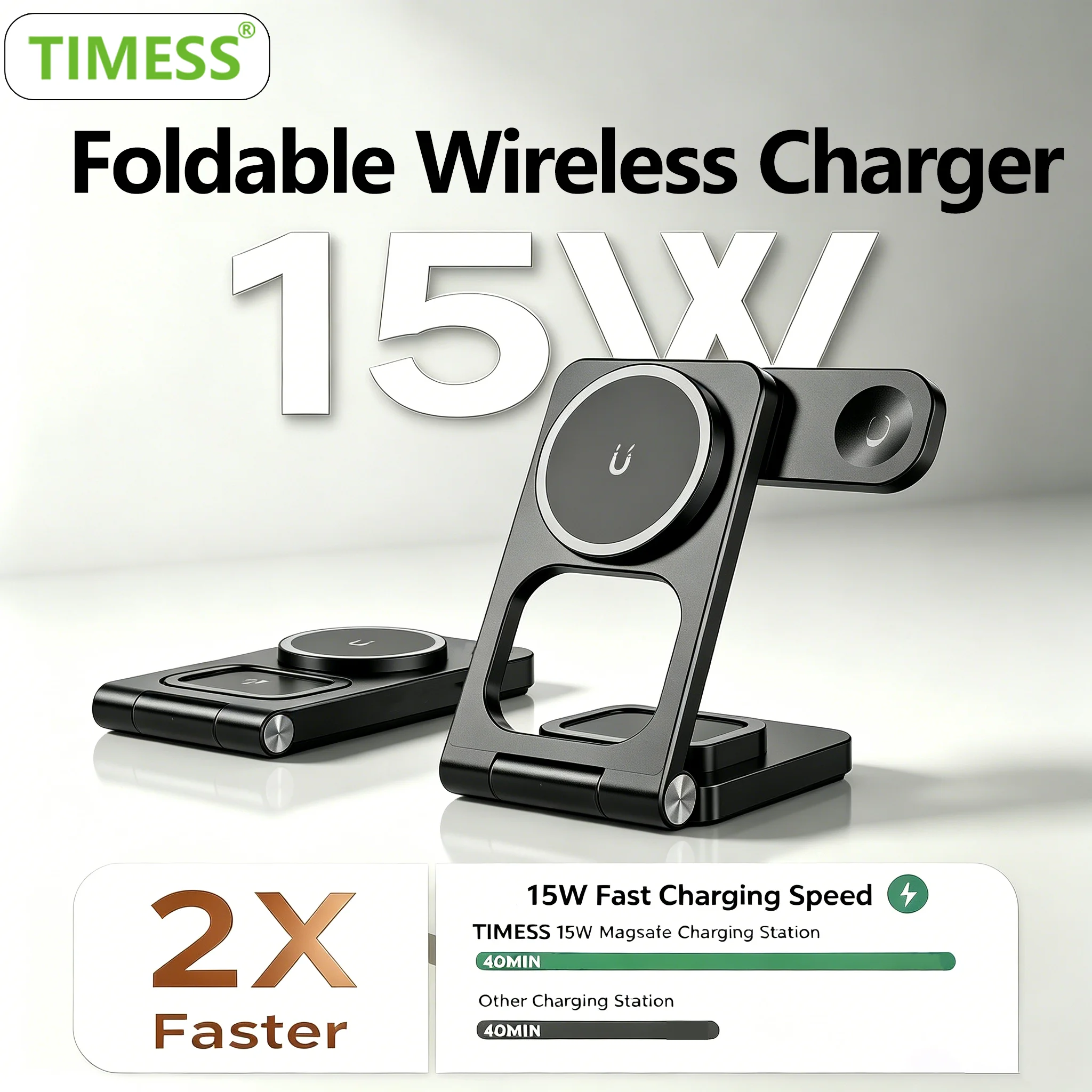 TIMESS Fast Foldable 15W Wireless Charger For iPhone17 16 15 14 For Apple Watch iWatch For Airpods 3 in 1 Charging Station Pad