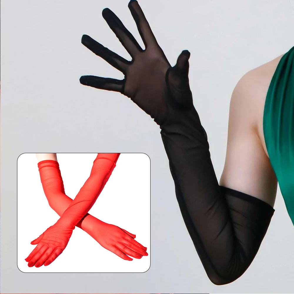 

Black Sexy Lace Thin Transparen Breathable Long Sun Protection Gloves High Elasticity Solid Women Stocking Tight Cosplay Mittens