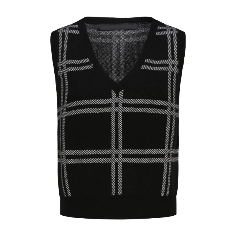 女性のファッションニットセーターベスト秋冬新スタイルアウターウェアインナーウェアノースリーブジレストライプチェック柄Vネックトップ