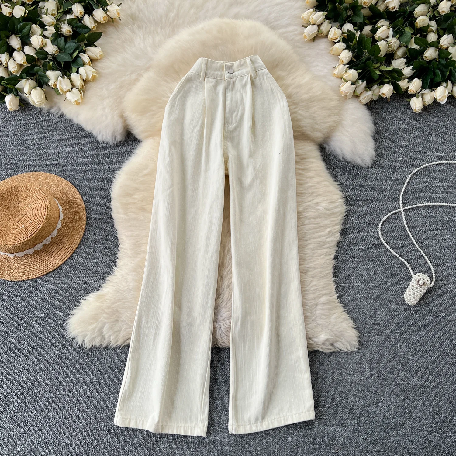 กางเกงยีนส์ขากว้างเอวสูงผู้หญิงฤดูร้อนใหม่แฟชั่นลายหลวมตรงสบายๆอินเทรนด์กางเกงสีทึบเสื้อผ้ากางเกง