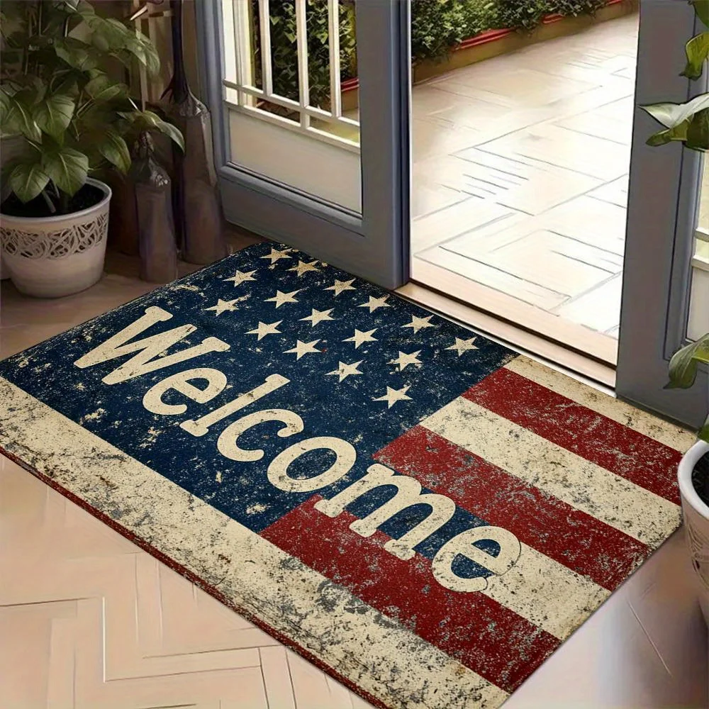 VIKAMA Independence Day American Flag Welcome Door Mat Indoor Outdoor Non-Slip Wear-Resistant Carpet Home Decoration