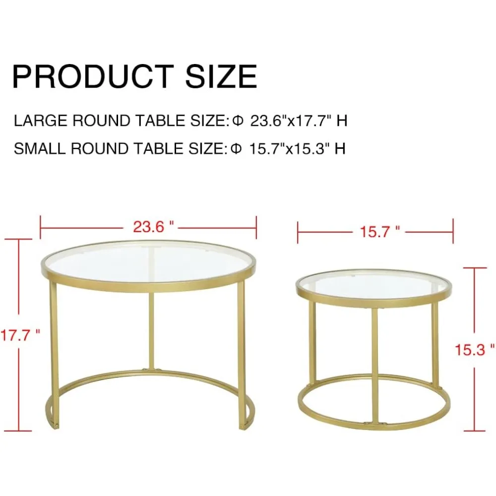 Round Nesting Coffee Table Gold Set of , Modern Side Tables with Sturdy Metal Frame and Tempered Glass,Minimalist End Table