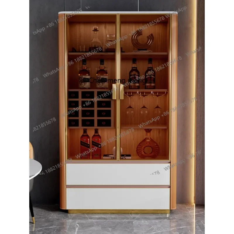 

Light luxury saddle leather wine cabinet modern simple living room home solid wood wall display glass door wine cabinet