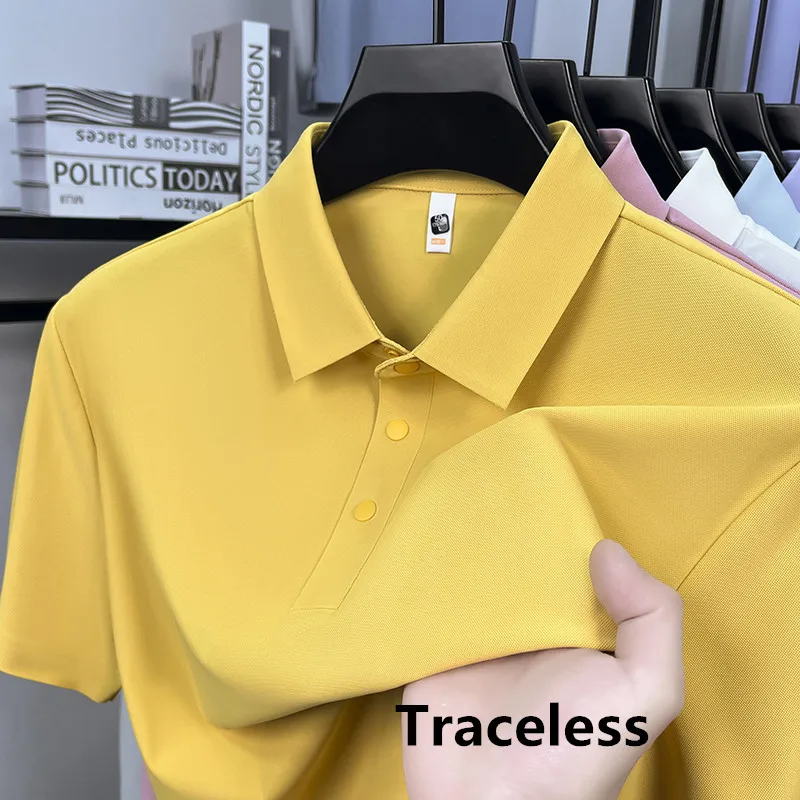 New Trendy Traceless Polo shirt Men's 2026 Summer Simple Solid Business Clothes Short Sleeve Anti-Wrinkle T-shirt No Trace Tops
