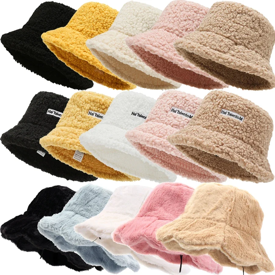 Women Girls Faux Fur Bucket Hat Plush Warm Fisherman Hat Outdoor Windproof Panama Bowl Hats Autumn Street Cold -proof Cap Hats