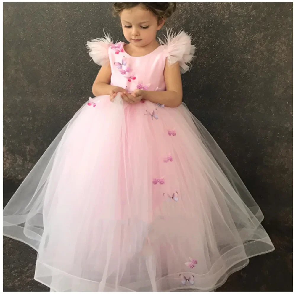 Pink Appliqué Flower Girl Dress Birthday Beauty Pageant Sacrament Baby Party First Communion Custom Princess Outfit