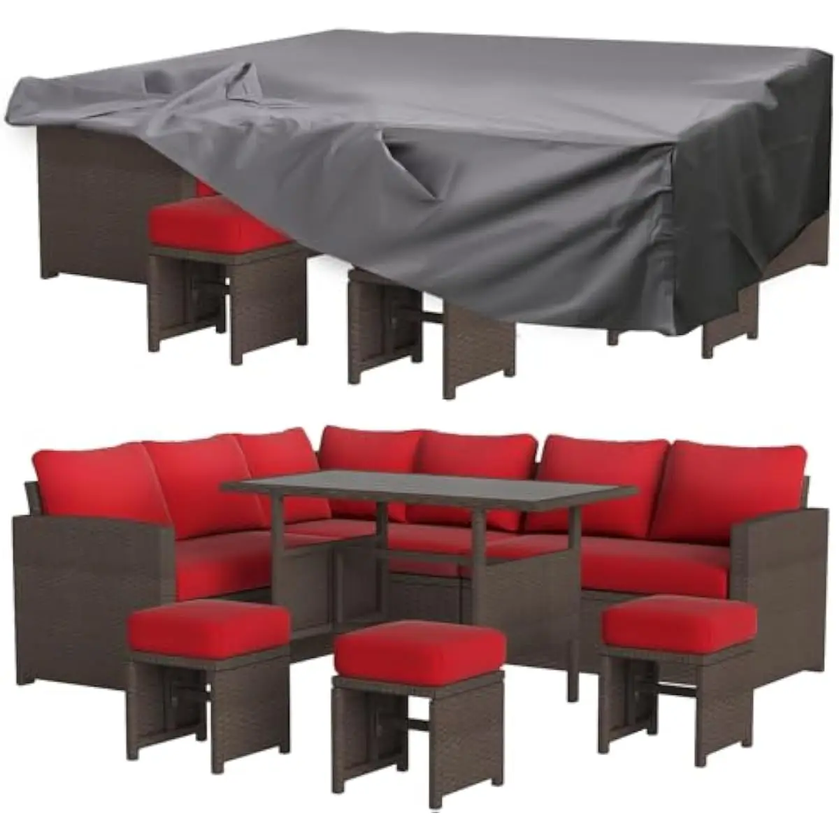 Modern 7-Piece Outdoor Sectional Set Featuring Hand-Woven PE Rattan Frame Brown Finish Red Cushions Weather-Resistant Design Com