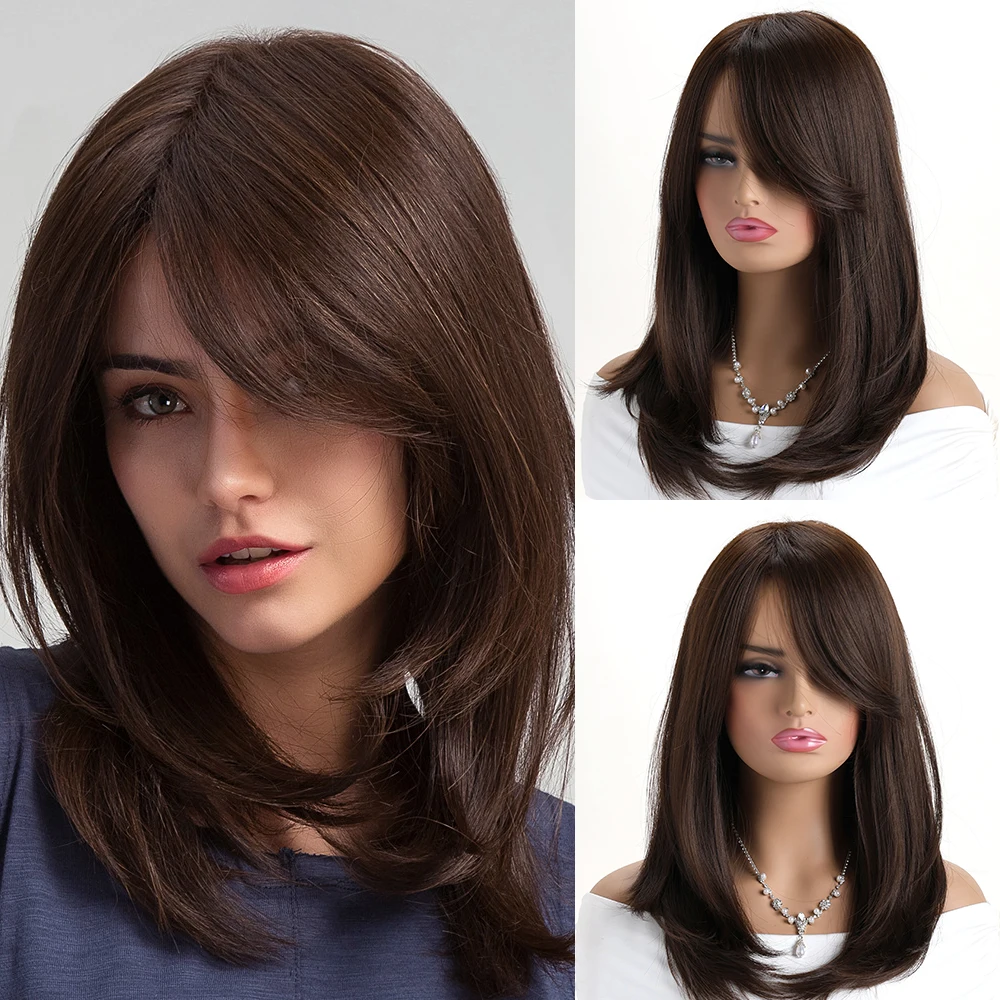 

16 Inch Synthetic Short Straight Brown Wig Oblique Bangs Cosplay Shoulder Length Wigs Natural Curly Party Daily Heat Resistant