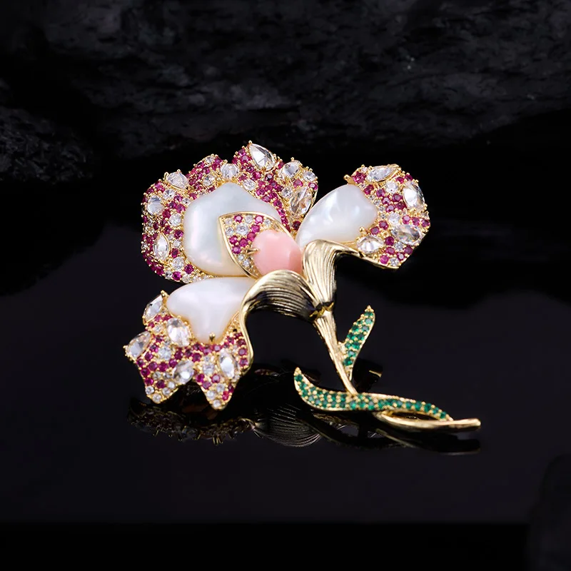 

Iris Flower Brooch Luxurious Natural Mother-of-Pearl Zircon Elegant Coat Flower Pin Accessory Jewelry Birthday Gifts for Women