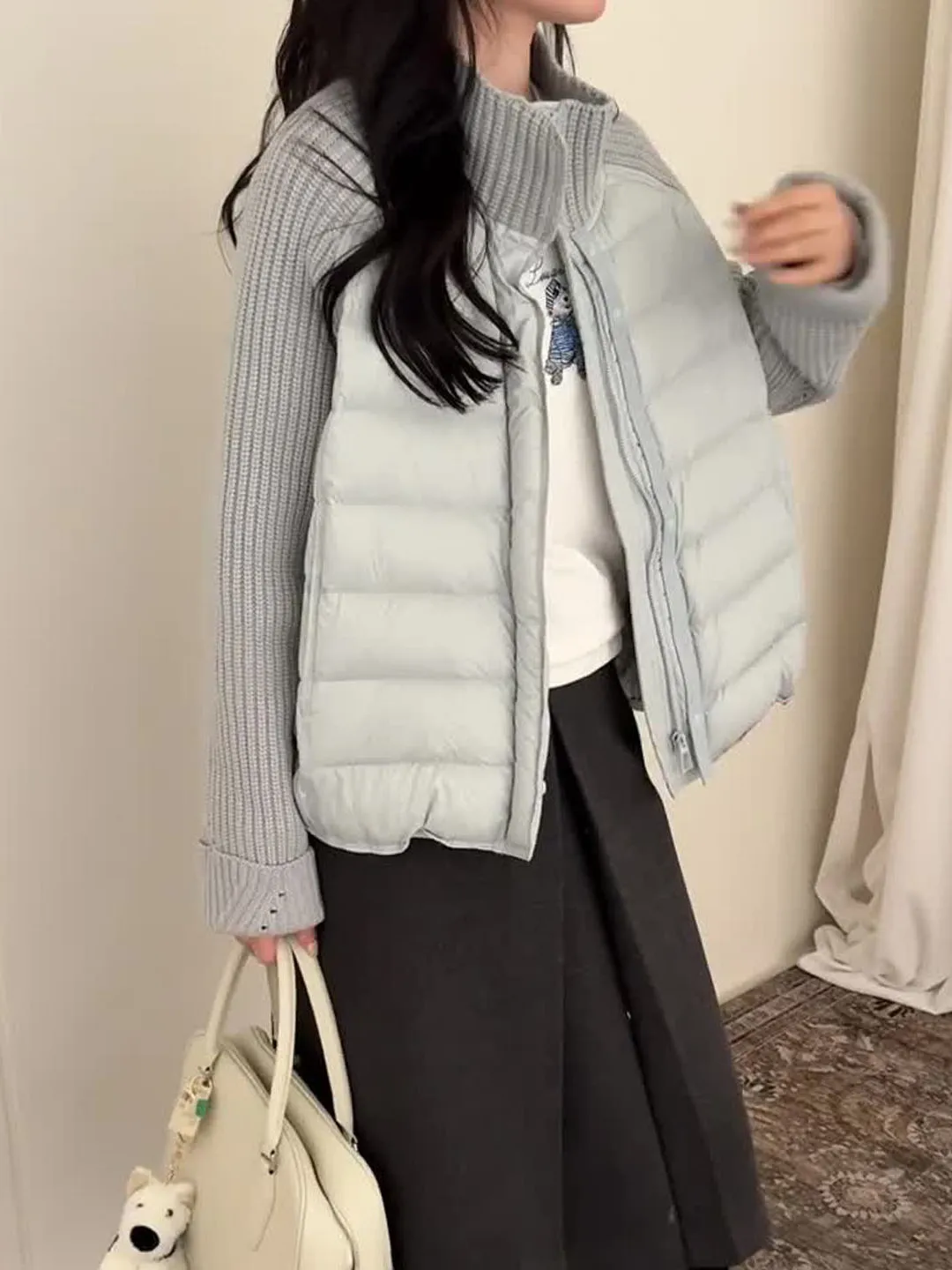 

Korean Style Knitted Splice Long Sleeve Cotton Jacket Women's Small Size Casual Fashion Short Cotton Coat Outerwear