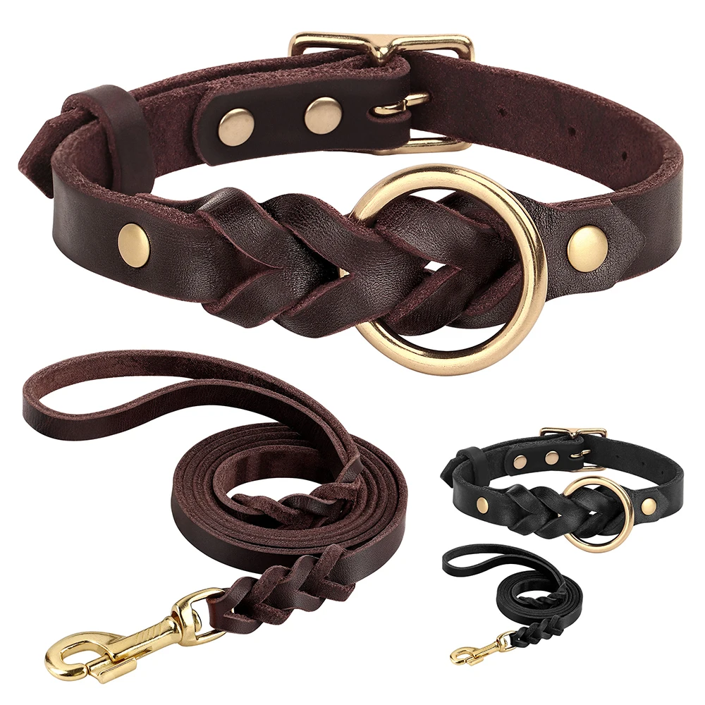 

Real Leather Dog Collar Leash Set Adjustable Pet Leather Collars For Small Medium Large Dogs Genuine Leather Dog Belt Durable