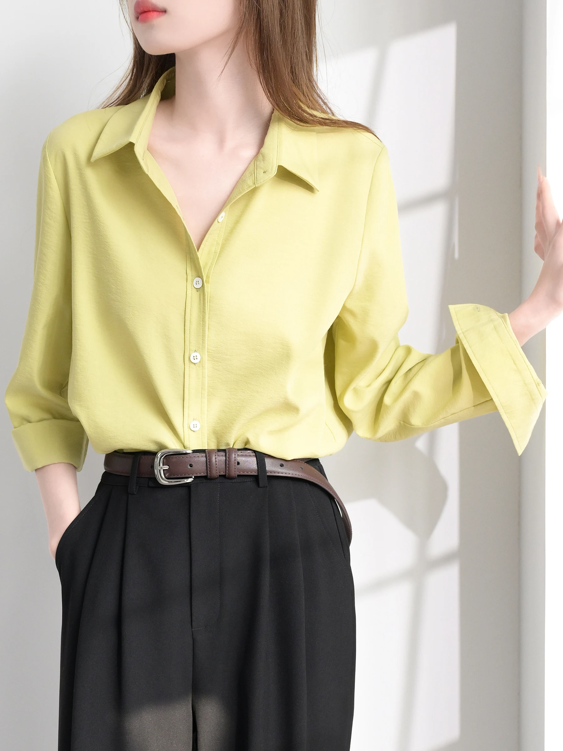 

Chic Lemon Yellow Shirt TRR Commute Style Women's Slimming Loose Fit Shoulder Shirt Layering Attract Attention Cotton Blend