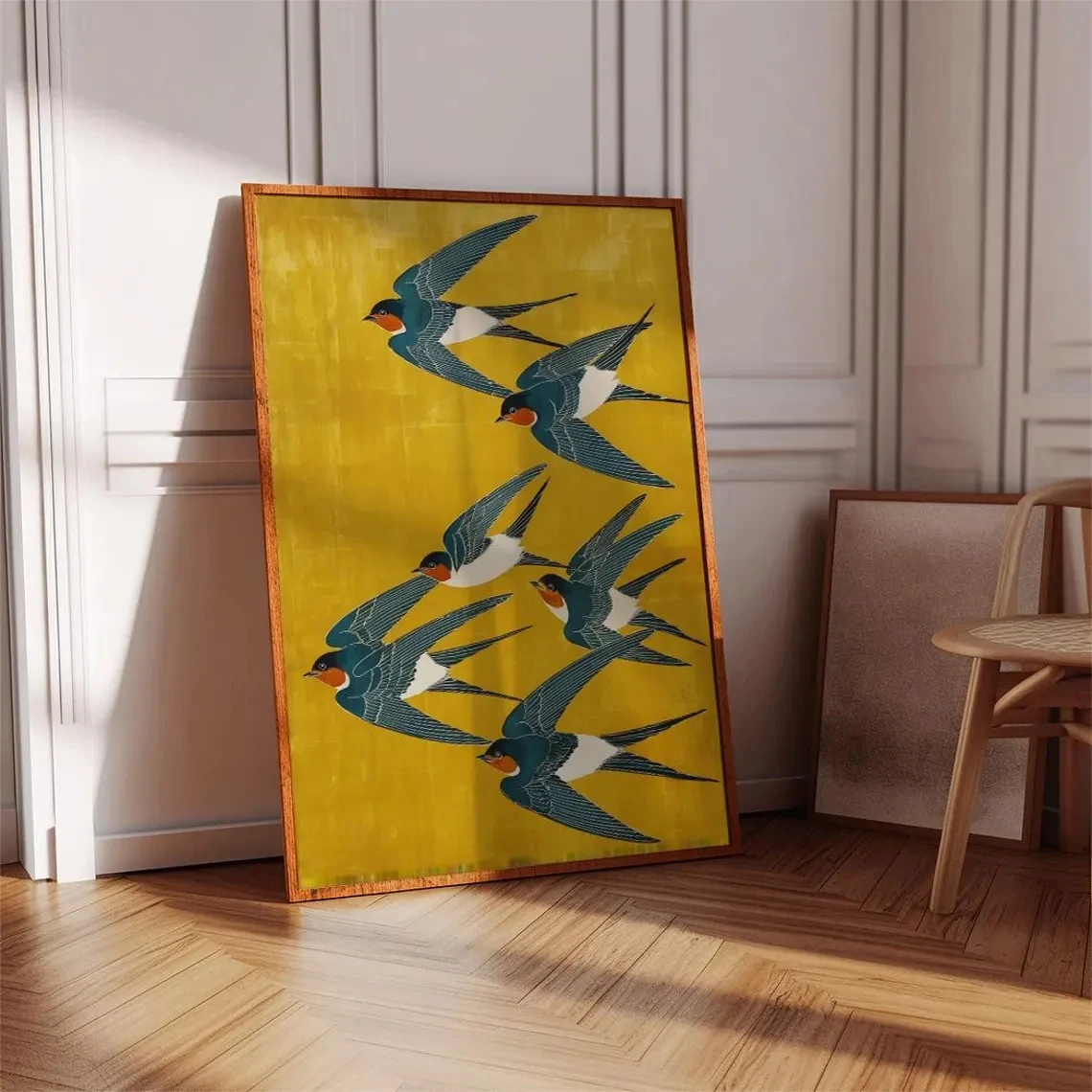 Swallow Birds Poster Japanese Wall Art Canvas Print Yellow and Blue Wall Art Picture for Living Room Home Decor Artwork