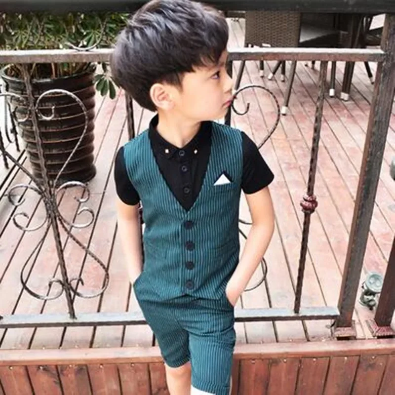 

Summer Children Clothing Sets Formal Dress Boys Wedding Suits Vest Shorts Kids School Outfit Striped Baby Boy Clothes Costume