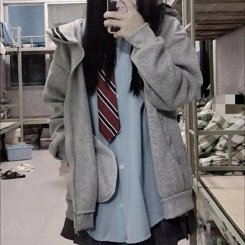 Hello Kitty Zipper Jacket Navy Collar Sanrioed Anime Kawaii Cardigan Hoodie Cotton Spring Girls Coat Japanese Loose Casual Cute