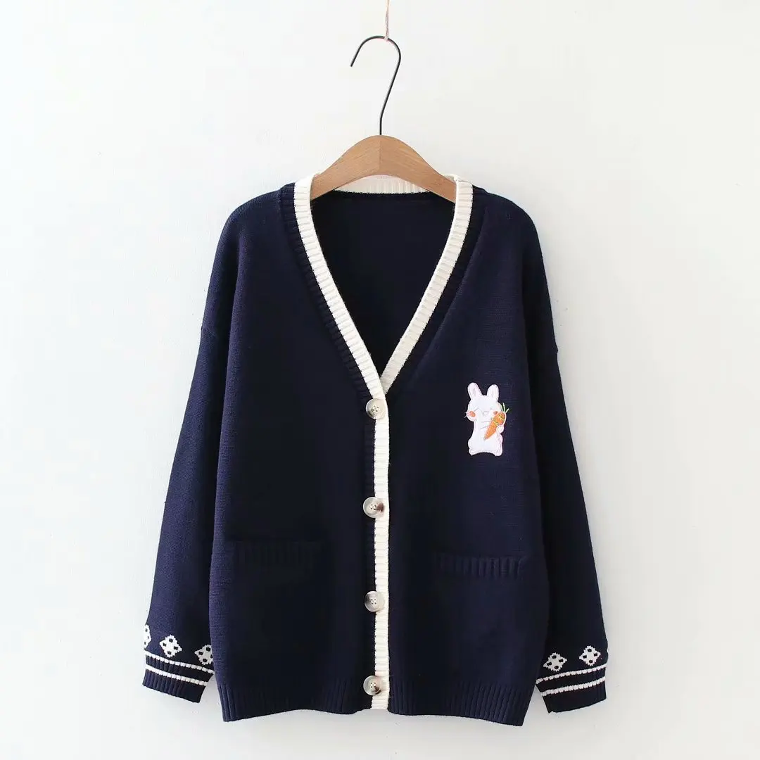 Cardigan bordado dos desenhos animados das mulheres, jaquetas de malhas soltas coreanas, suéter outwear macio, casaco coelho, outono