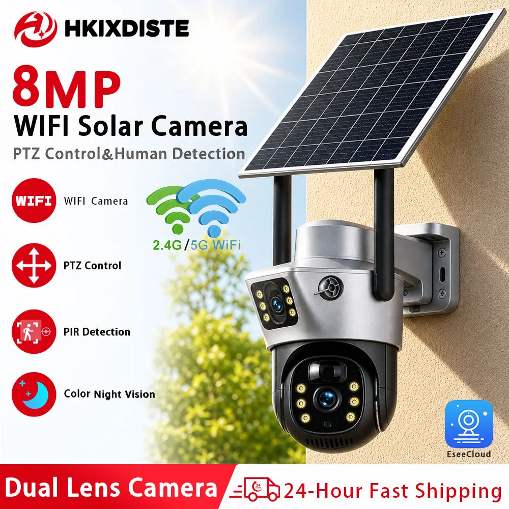 5GHz WiFi Solar Security Camera 8MP Dual Lens Dual Screen 7200mAh Battery PIR Detection Red Blue Alarm Two Way Audio PTZ CCTV