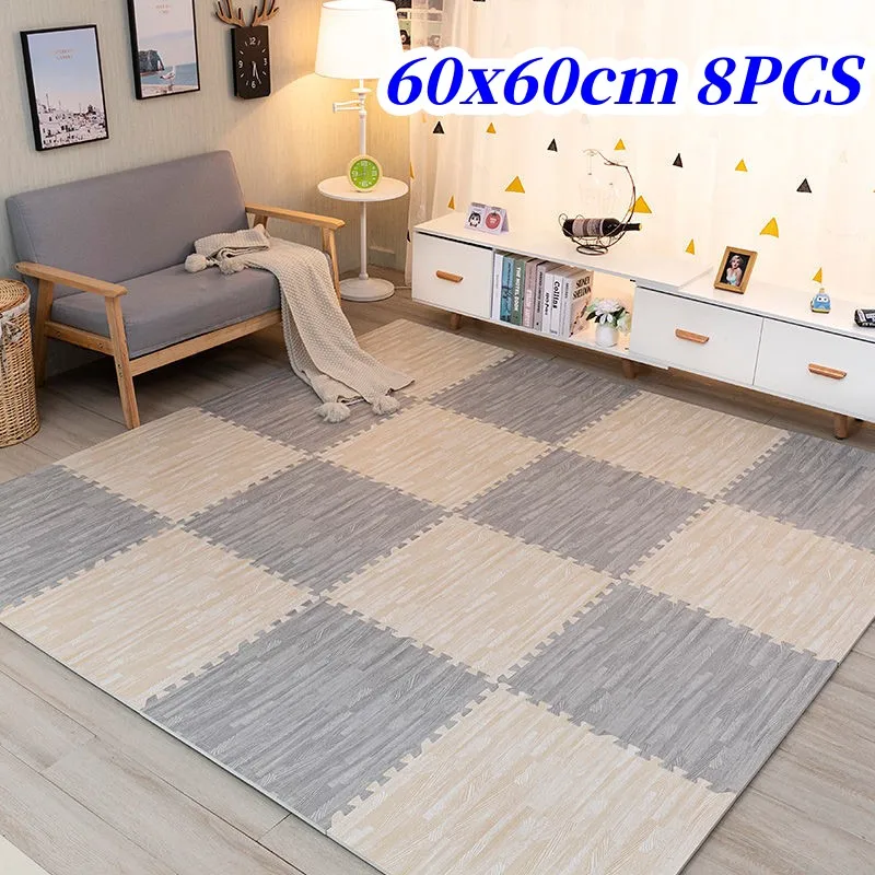 Alfombra de juego de grano de madera para bebé, tapete grueso de 1cm, puzle, 8 piezas, 60x60cm