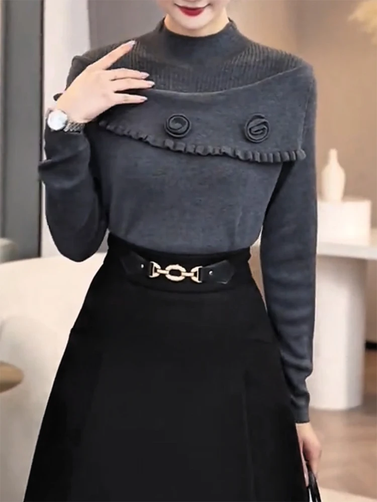 

Шикарный вязаный свитер с высоким воротником, универсальный, стройнящий, больших размеров, осенне-зимний, новый, теплый, комфортный, в корейском стиле...