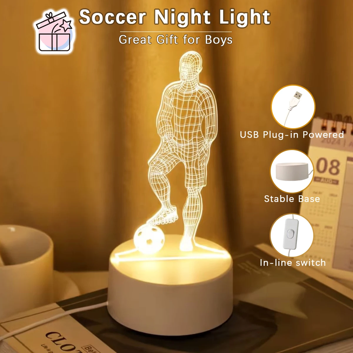 Soccer Player Shaped Acrylic 3D Night Light, USB Warm‑White LED Ambient Decor Lamp, Gift for Soccer Lovers, Room Decor Ornament
