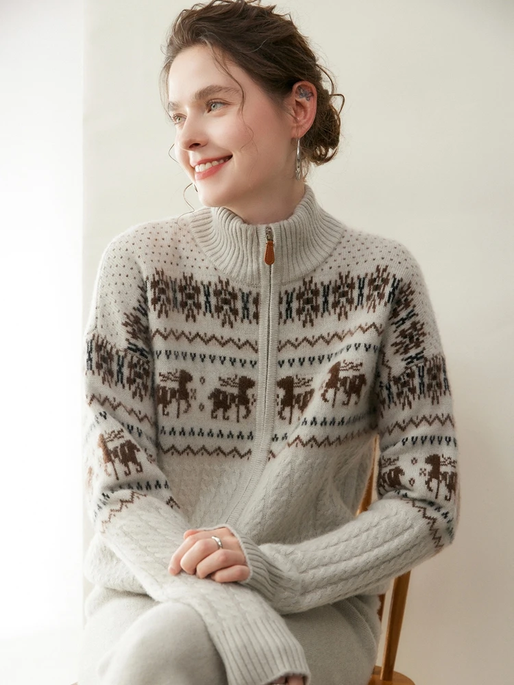 

Yoyoselect, 100% кашемир, женский кардиган с воротником-стойкой, свитер Fair Isle, осень-зима, дизайн на молнии, трикотаж, кашемировые теплые топы