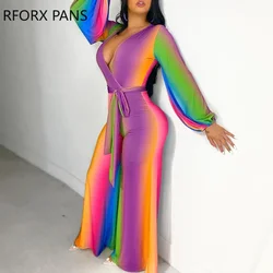 Ombre Colorblock wiązany detal kombinezon kombinezon z długim rękawem Casual Look dla kobiet 2021