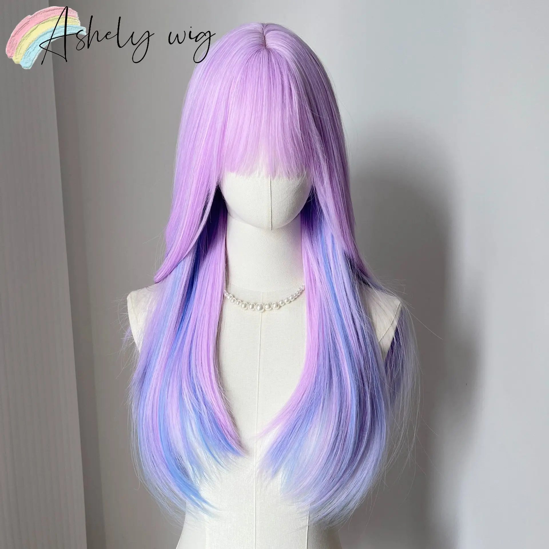 Ombre Light Purple Wig for Women 24inch Long Straight Wig with Bangs Lolita Cosplay Heat Resistant Fibers Headband Wigs Парик 가발