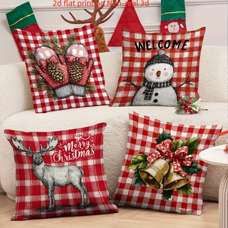 2D Flat Printing, Not Real 3D. 4pcs. The Pillowcase Design Features Christmas Elements Such as Gloves, Snowmen, Reindeer