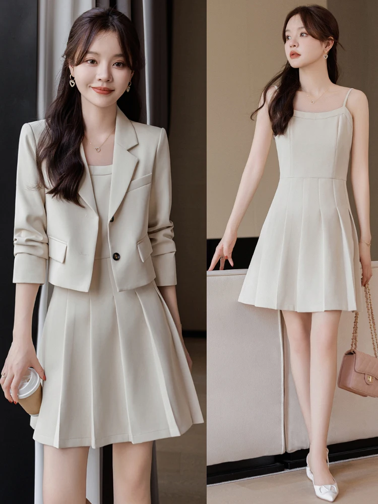 

Elegant Women's Suit And Skirt Set High-End Jacket Inner Tank Dress Ensemble Fashionable Professional Look Polyester Fiber