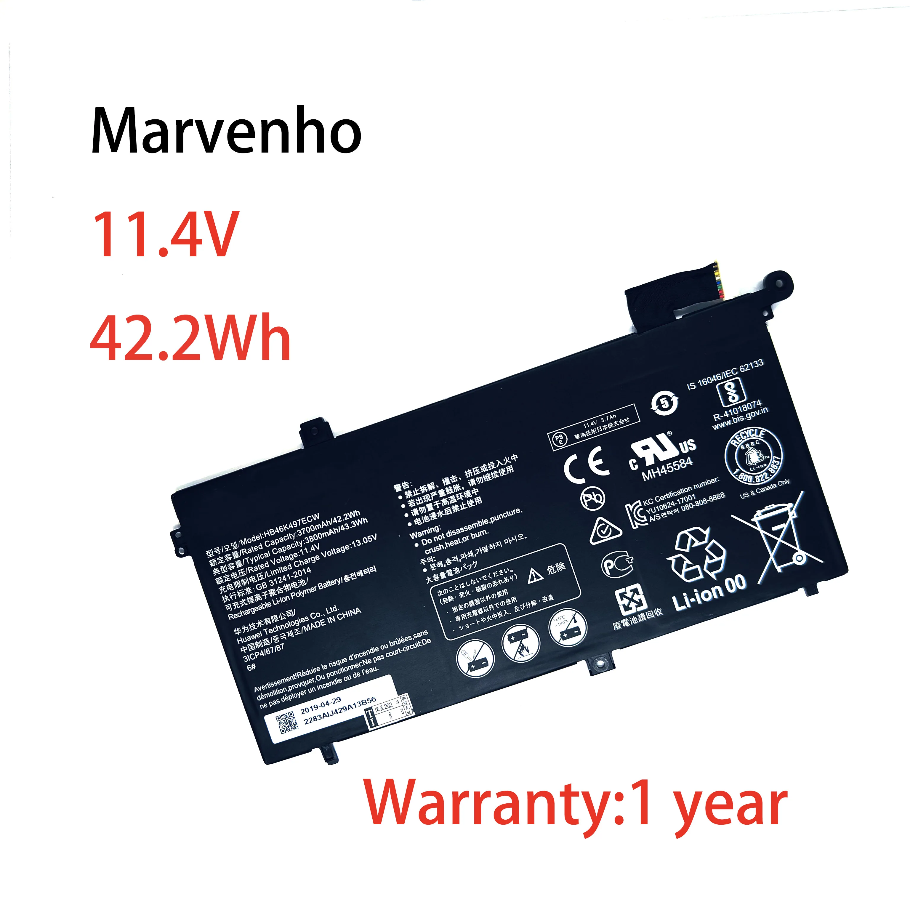 Marvenho New 11.4V 42.2Wh 3700mAh  HB46K497ECW  Laptop Battery for Huawei MateBook D 2018 PL-W19 53010BAJ