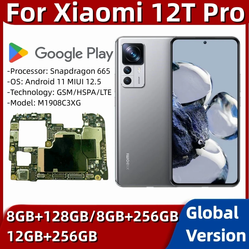 Motherboard for Xiaomi 12T Pro, 128GB, 256GB, Unlocked Mainboard, Global Version, Main Circuits Board with Google Installed