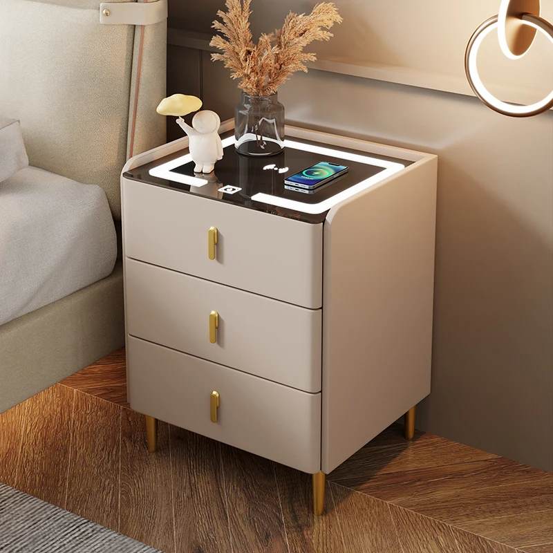 طاولة بجانب السرير بتصميم حافة مائلة حديثة وذكية لغرفة النوم مع ثلاثة أدراج شحن لاسلكي وثلاثة ألوان LED #2