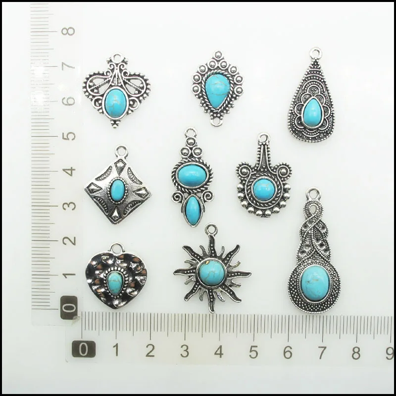 New Antiqued Silver Plated Heart Square Flower Teardrop Turquoise Charms Pendants For Gifts Jewelry