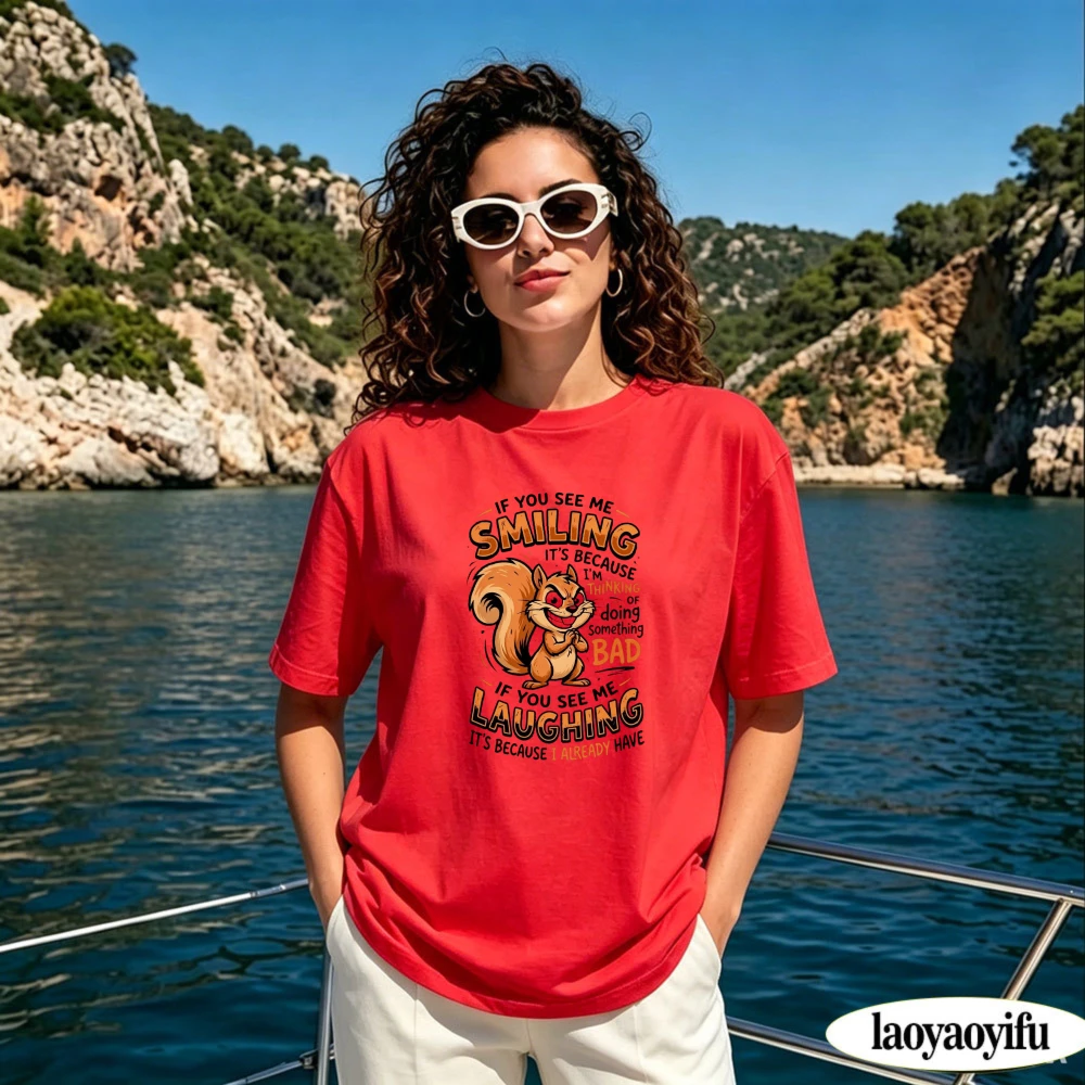 IF YOU SEE ME SMILING Vintage Squirrel Graphic Short Sleeve Unisex Pure Cotton Tshirt Summer Breathable Daily Casual Shirts