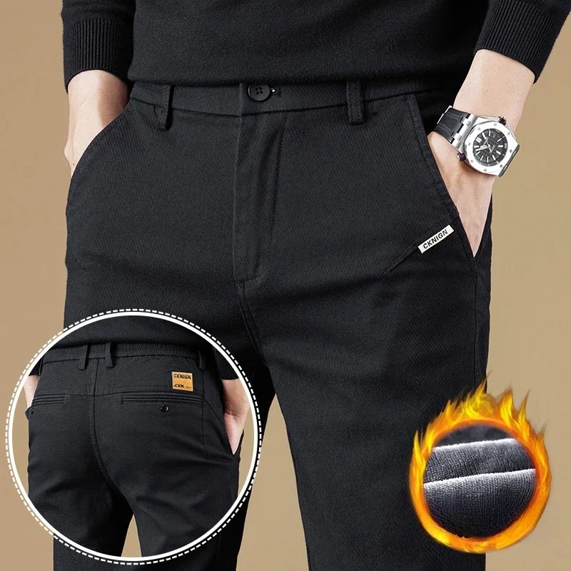 

Winter Men's Business Fleece Casual Pants Slim Fit Thick Premium Daily Trousers Fashion Velvet Warm Soft Comfortable Streetpants