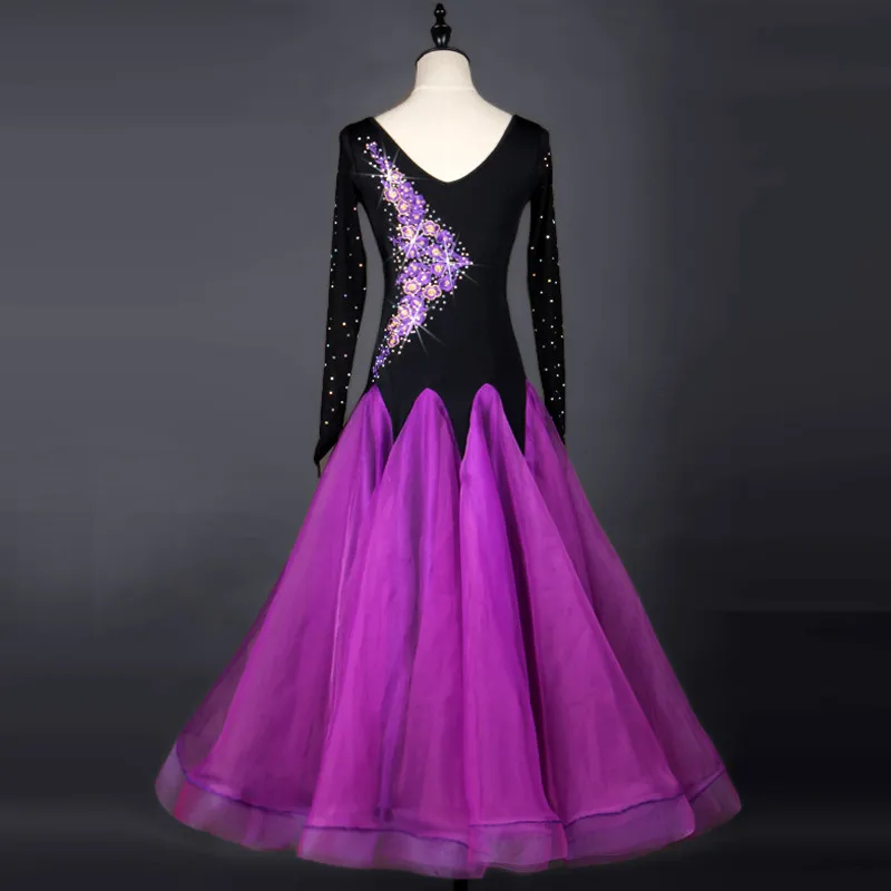 Round neck long sleeve ballroom dance dress with slant purple floral rhinestones,color‑contrast pointed full skirt,suitable for