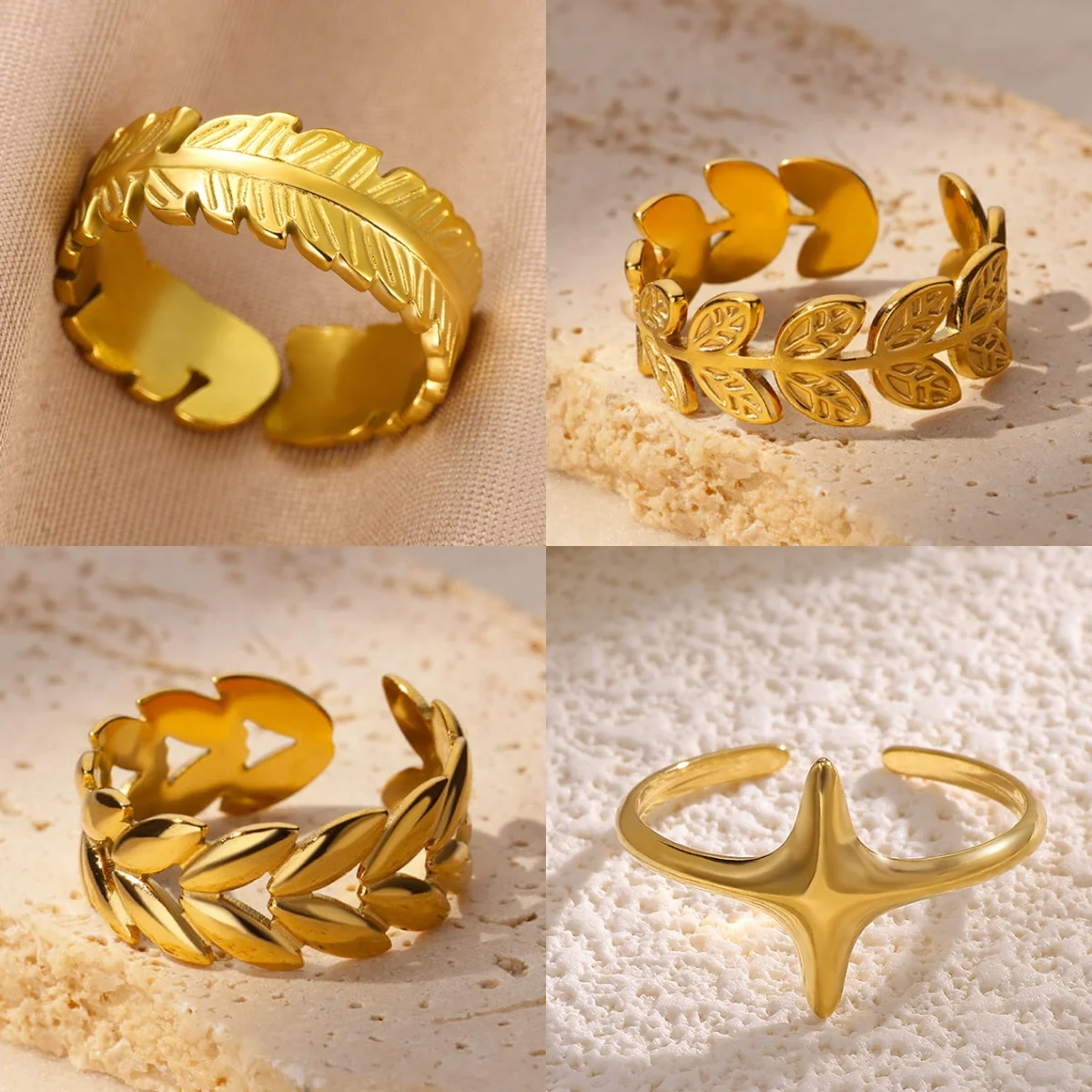 Vintage Blatt-Ajour-Damenringe, vergoldeter Edelstahl, Jubiläums-Schmuckring, Geschenk
