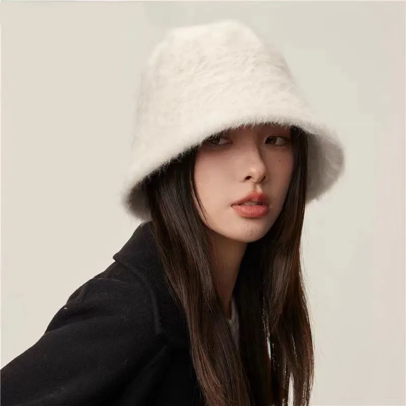 ウサギの毛皮で編まれたバケツの帽子,単色,多用途,ぬいぐるみ,暖かく,柔らかく,シンプル,カジュアル,冬