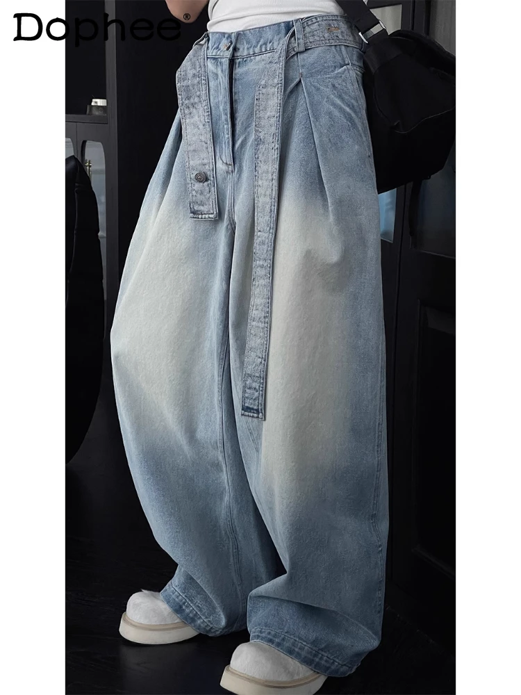 Men's 2025 New Original Design Fashion Pocket Belt Jeans Men's Loose Comfort Wide-leg Curved Trousers Male Straight Denim Pants