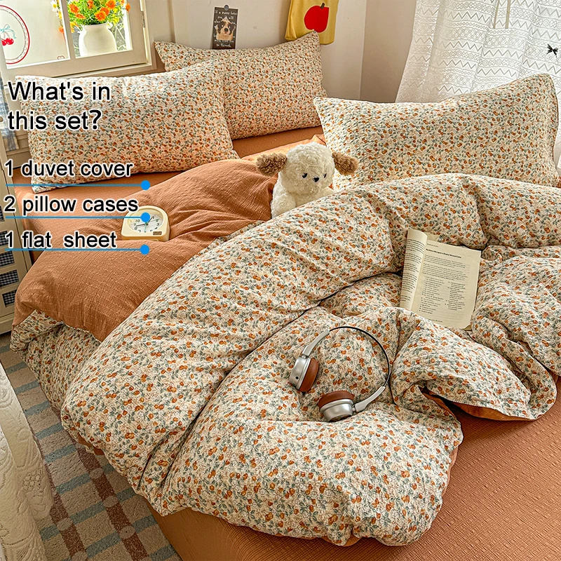 Vintage Floral Printed Bedding Set, Soft Breathable Crinkle Fabric Duvet Cover Sheet Pillowcases Set, Farmhouse Style Bed Linens