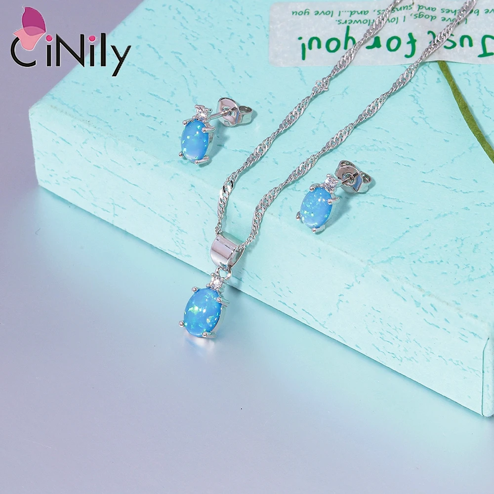 CiNily Fashion Created Blue Fire Opal Jewelry Sets for Women Silver Plated Wholesale Oval Stone Necklace Pendant&Stud Earrings