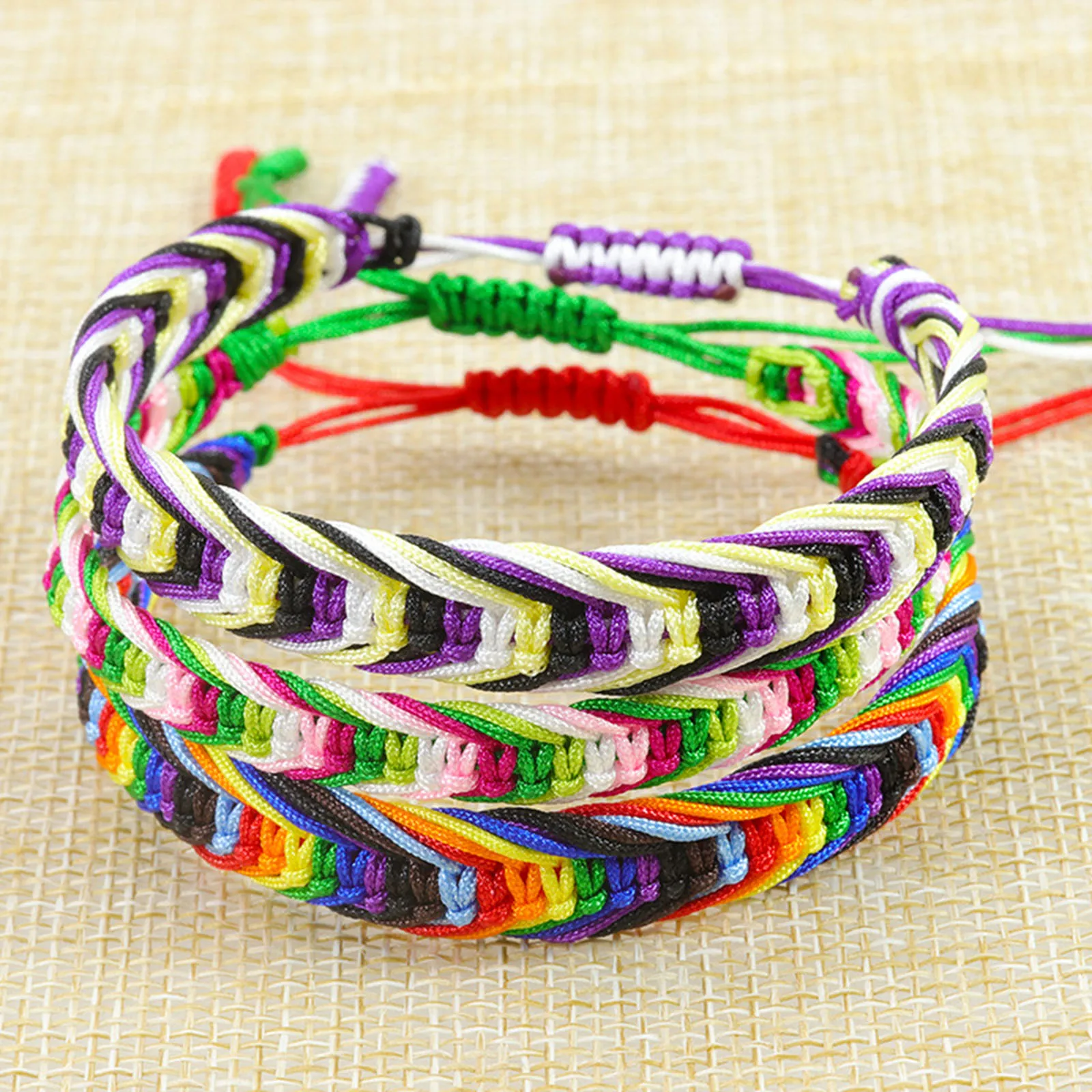 Polyester Boho Bohemia Waved String Braided Friendship Bracelets Ethnic Multicolor Weave Textured Adjustable 15cm-27cm long, 1PC