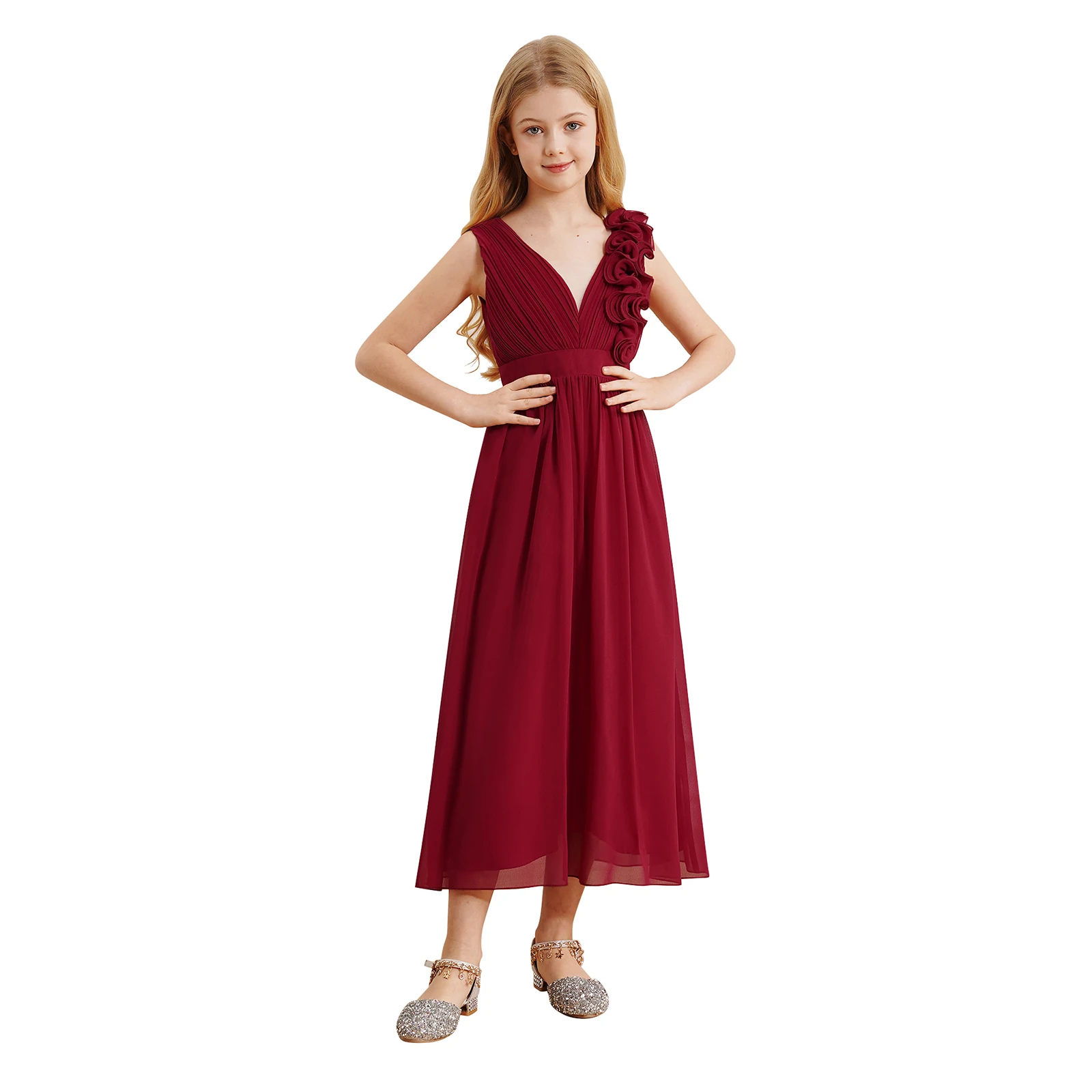 Girl's Party Dress 2024 Elegant Chiffon Robes V Neck Teen Bridesmaid Dresses for Formal Occasion Gown Wedding Pageant Costume