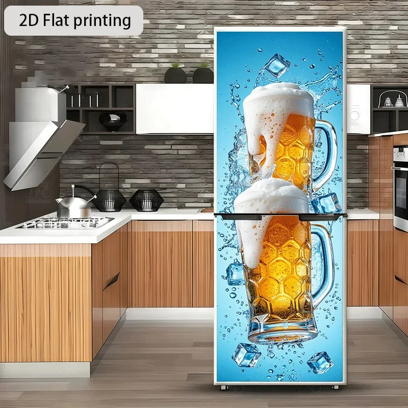 Refrigerator Sticker, Iced Beer Double Cup Splashing Bubbles Themed Design, Self-Adhesive Wall Decal Wallpaper, Suitable for C