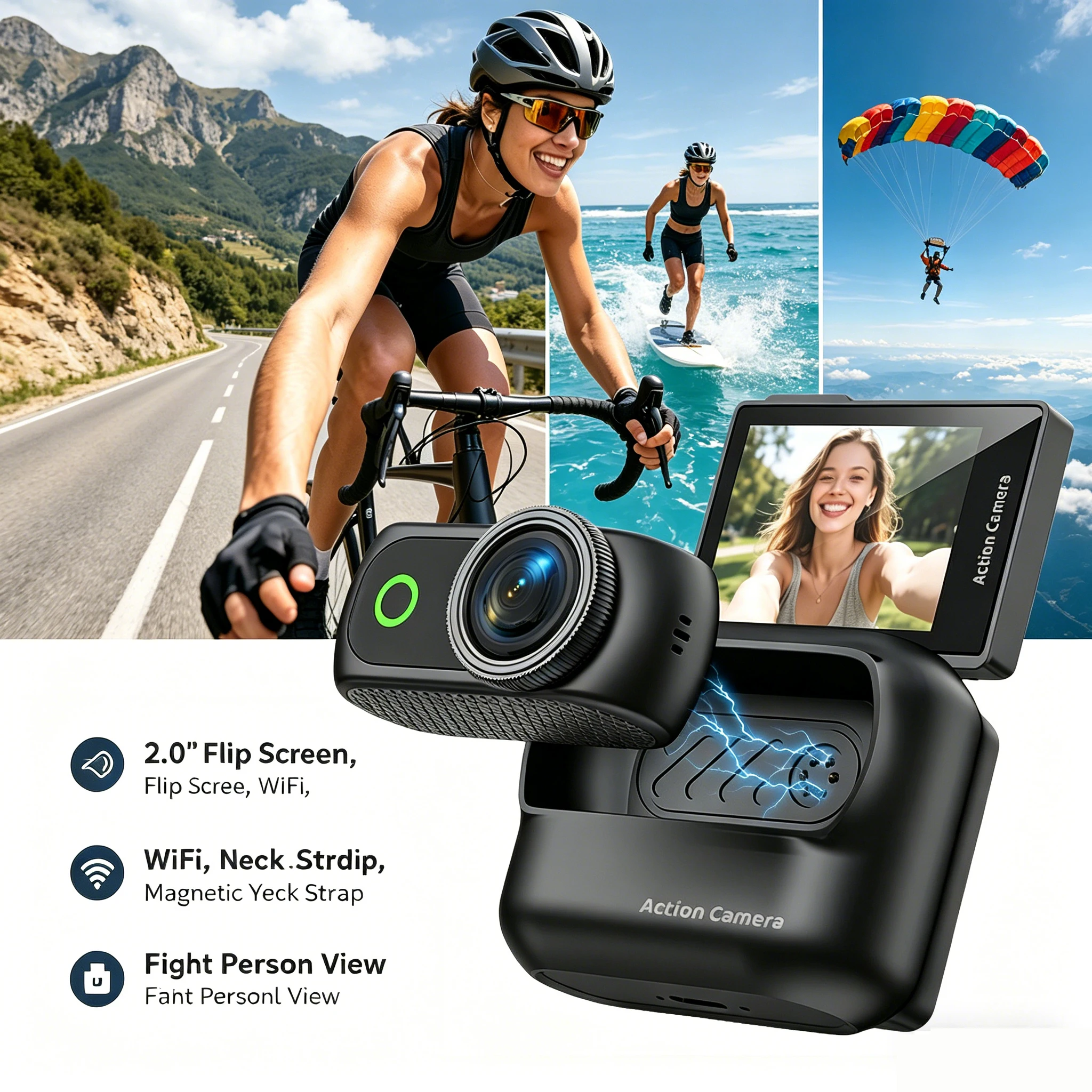 2.0Inch Flip Screen WiFi Mini Sports Camera Portable Outdoor Travel Camera With Magnetic Neck Strap For First Person View Hands